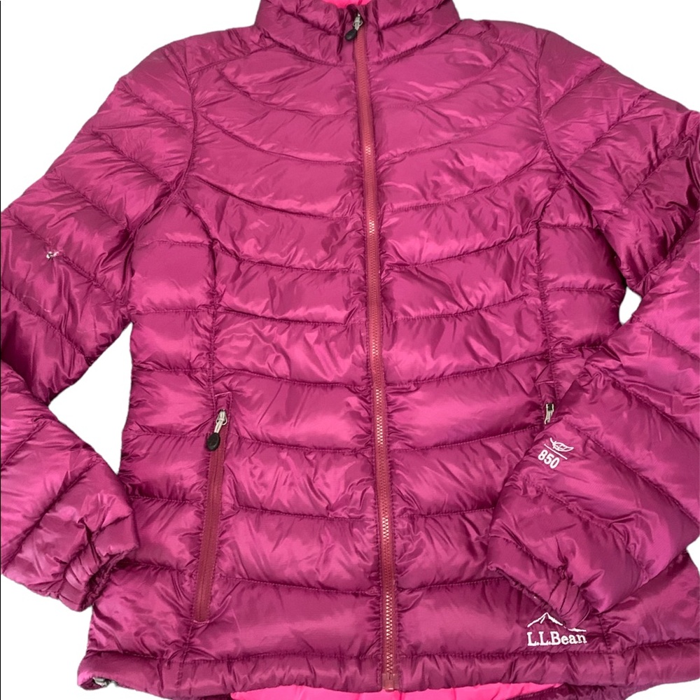L L Bean down jacket. Magenta in color.
